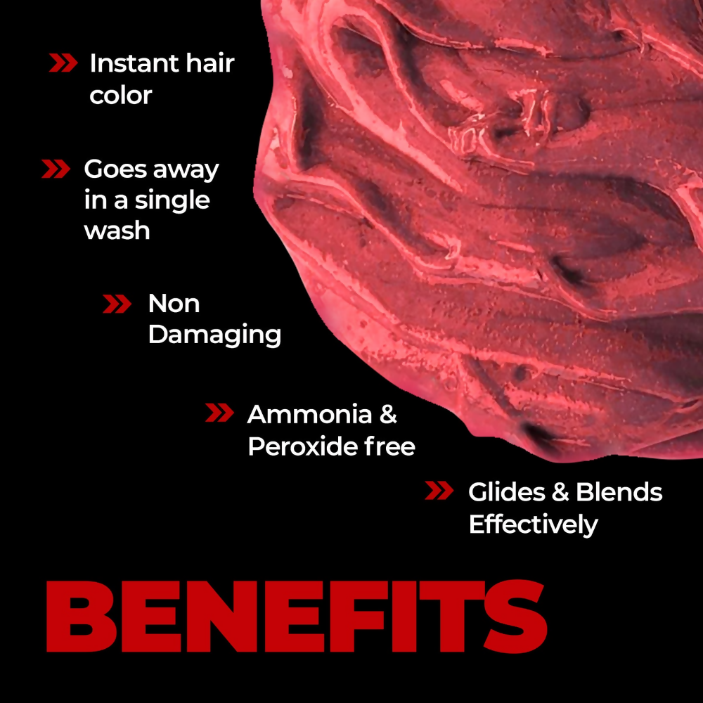 Men's temporary hair color from Beardo in metallic red, showing vibrant red hair with a shiny, bold metallic finish.