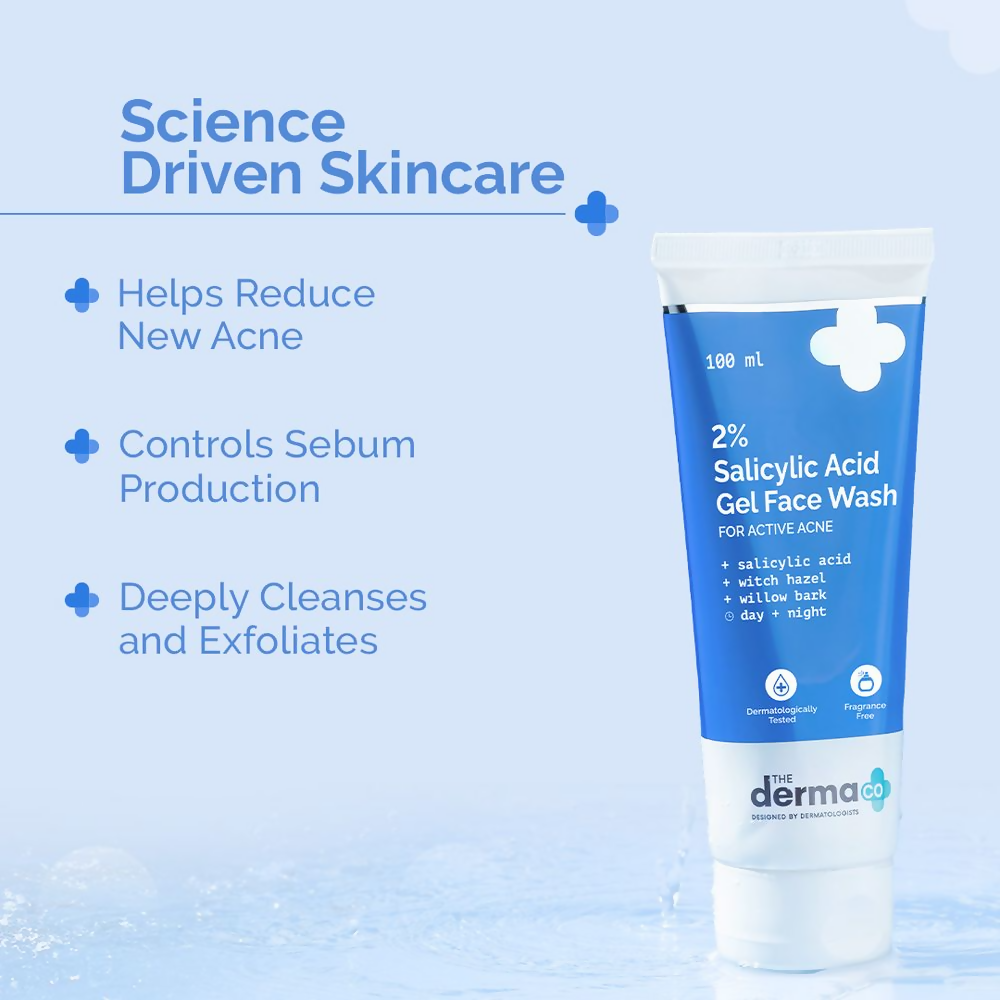 The Derma Co 2% Salicylic Acid Gel Face Wash showing clear gel texture in a pump bottle, designed for acne-prone skin.