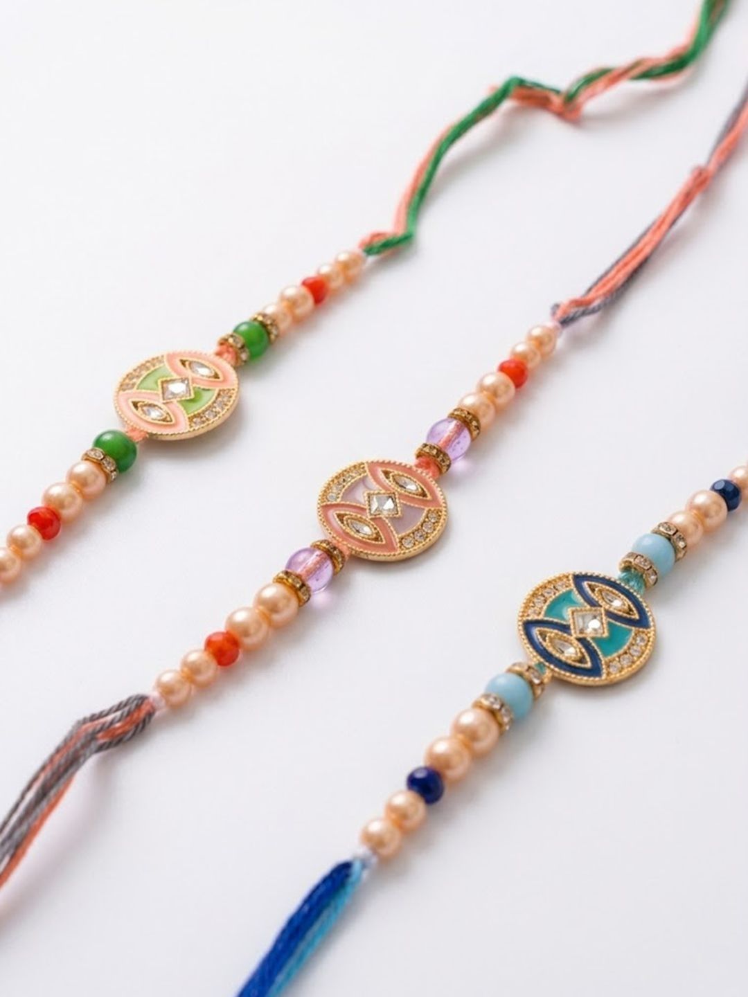 Anouk Set Of 3 Multicolor Artificial Stones & Beads Thread Rakhi With Roli Chawal Chandan