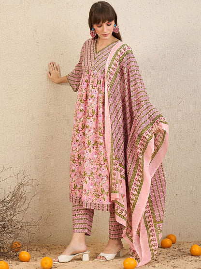 Indyancart IE Floral Printed Empire Pure Cotton A-Line Kurta With Trousers & Dupatta