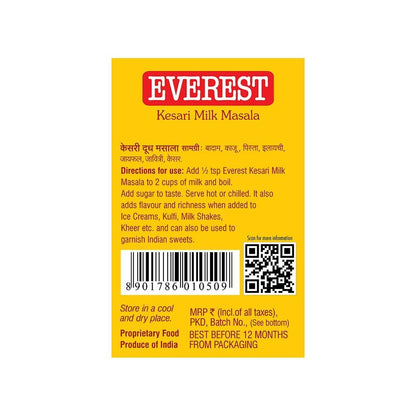 Everest Kesari Milk Masala powder in a container, used for flavoring saffron-infused milk and desserts.