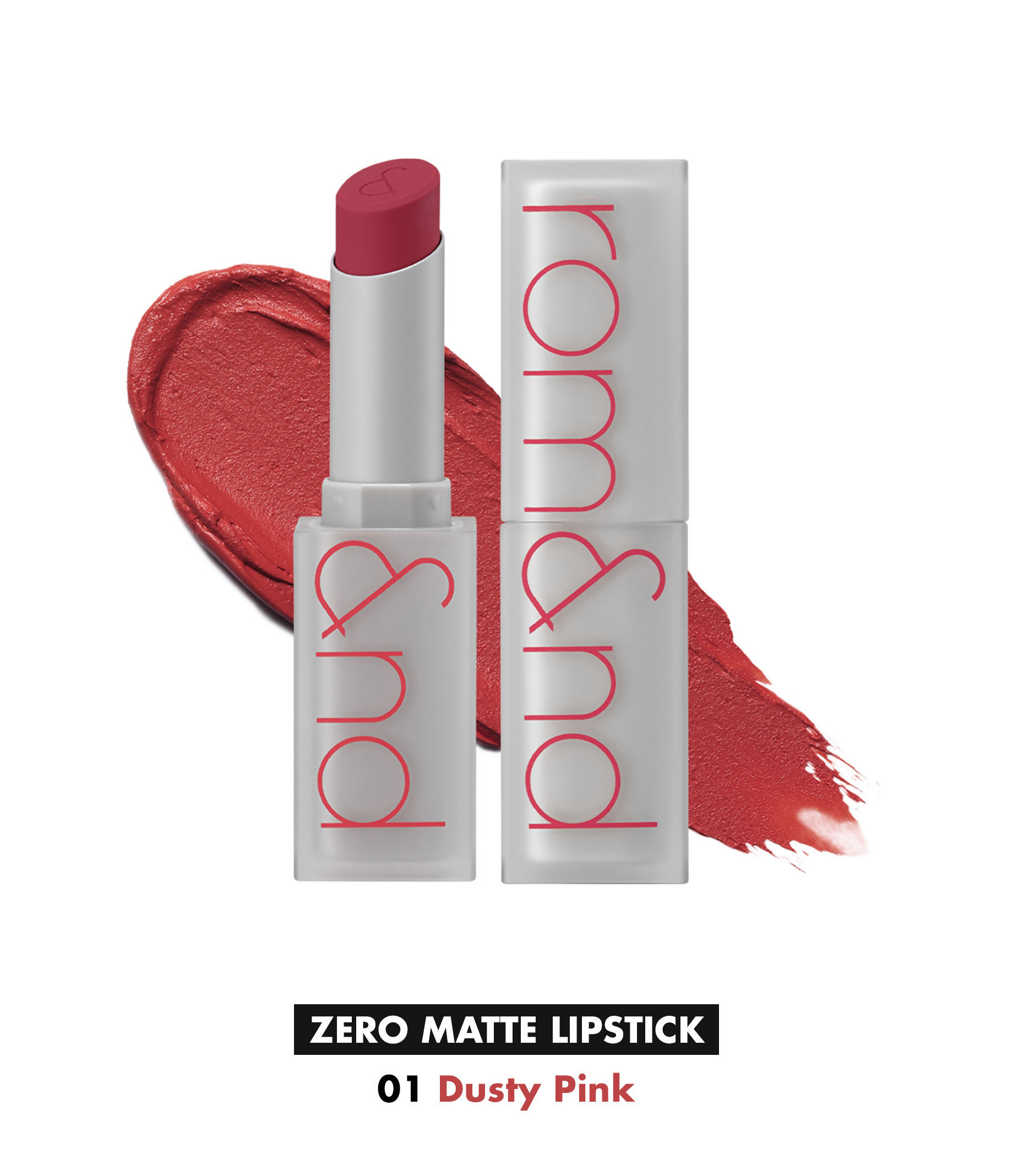 Rom&nd Zero Matte Lipstick in Dusty Pink, showcasing the soft, matte lipstick with a smooth finish and elegant packaging.