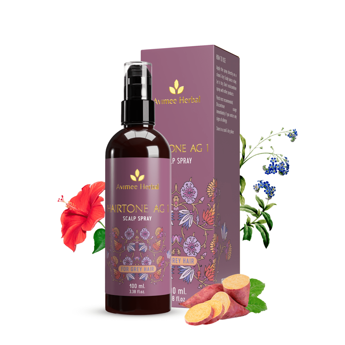 Avimee Herbal anti-grey hair kit with Shakuntala cleanser and water softener, featuring amla, curry leaf, and henna oil in bath powder form.