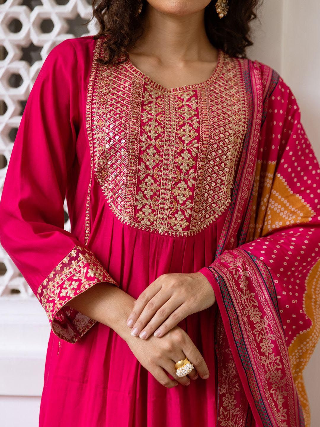 Indyancart IE Women Ethnic Motifs Embroidered Empire Kurta with Trousers & With Dupatta