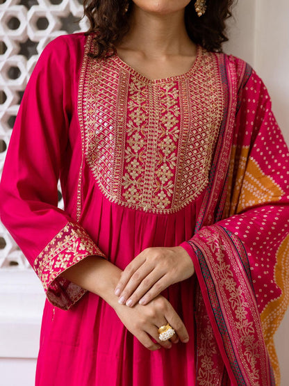 Indyancart IE Women Ethnic Motifs Embroidered Empire Kurta with Trousers & With Dupatta
