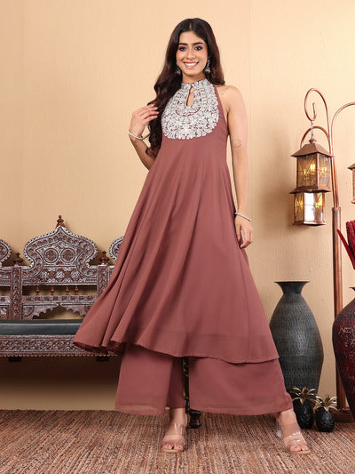 Indyancart VR Women's Nude Yoke Embroidered Sleeveless Flared Kurta With Trousers