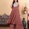 Dhiyona VR Women's Nude Yoke Embroidered Sleeveless Flared Kurta With Trousers