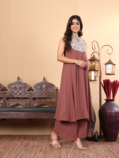 Indyancart VR Women's Nude Yoke Embroidered Sleeveless Flared Kurta With Trousers
