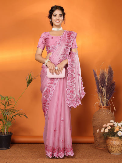 Indyancart GR Women's Hirva Pink Jimmi Choo Embroidered Saree