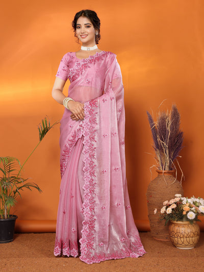 Indyancart GR Women's Hirva Pink Jimmi Choo Embroidered Saree