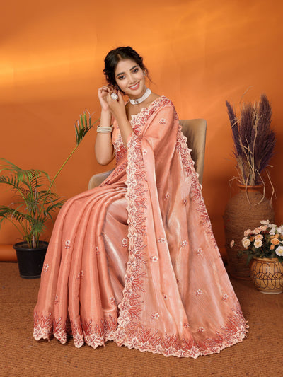 Indyancart GR Women's Hirva Peach Orange Jimmi Choo Embroidered Saree