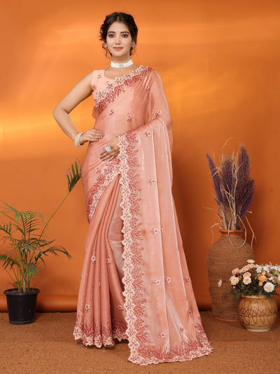Indyancart GR Women's Hirva Peach Orange Jimmi Choo Embroidered Saree