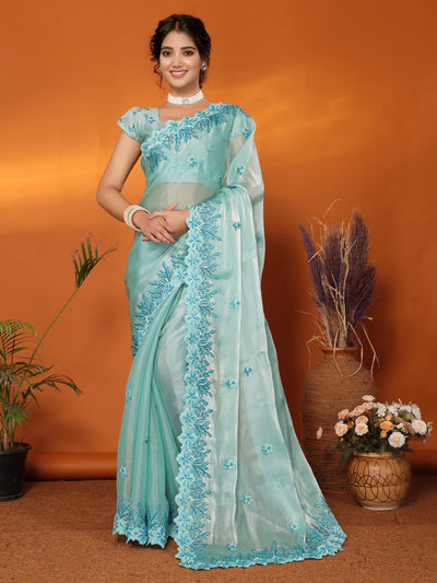 Indyancart GR Women's Hirva Turquoise Jimmi Choo Embroidered Saree