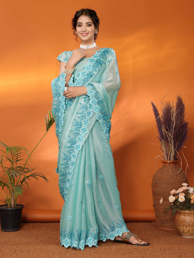 Indyancart GR Women's Hirva Turquoise Jimmi Choo Embroidered Saree