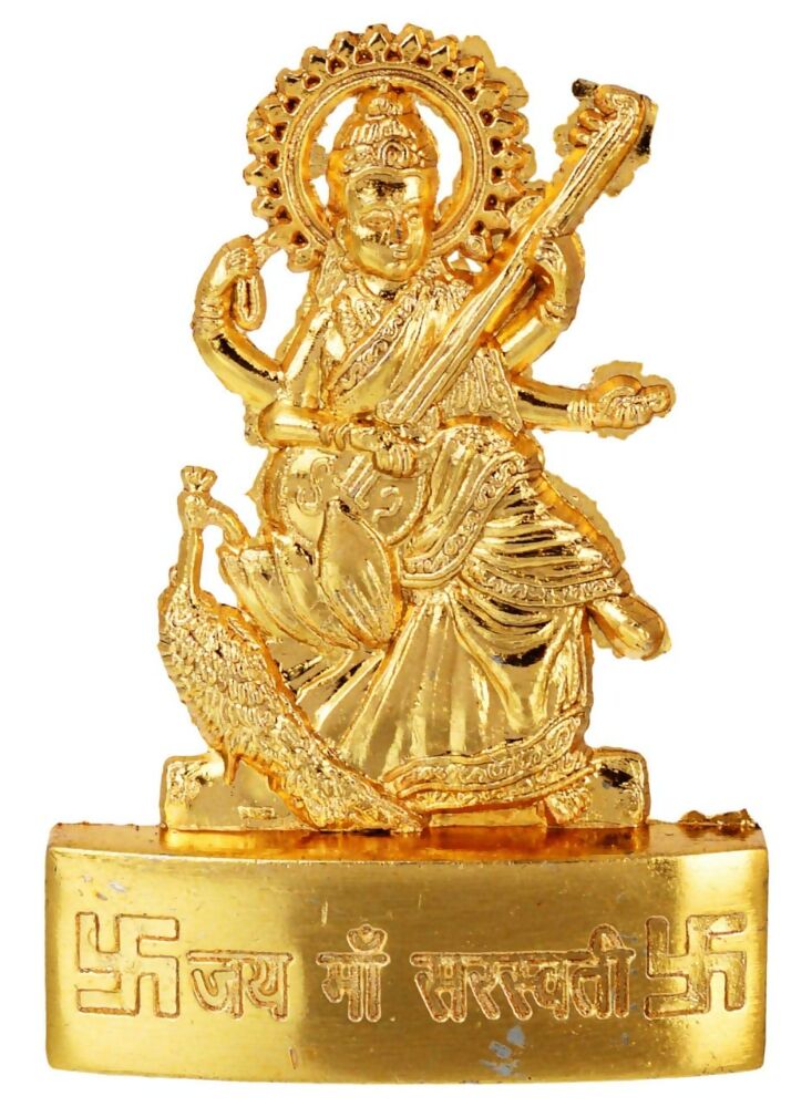 Zinc plated Goddess Saraswati idol from Kesar Zems, depicting the Hindu goddess with traditional attire and musical instrument.