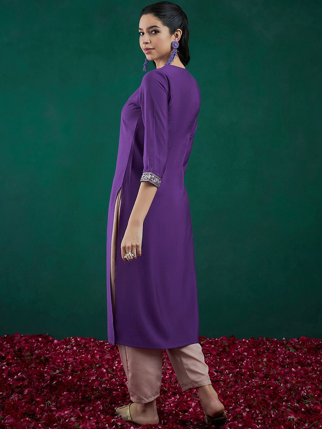 Indyancart IE Pack of 2 Round Neck Ethnic Embroidered Chanderi Silk Straight Kurta