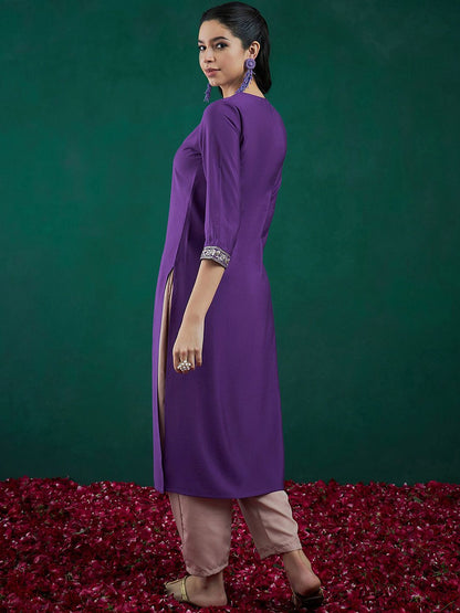 Indyancart IE Pack of 2 Round Neck Ethnic Embroidered Chanderi Silk Straight Kurta