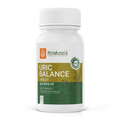 Krishna's Herbal & Ayurveda Uric Balance Tablets in a bottle, natural Ayurvedic supplement for healthy uric acid levels