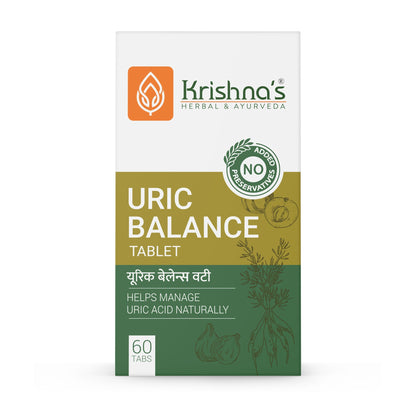 Krishna's Herbal & Ayurveda Uric Balance Ayurvedic tablets in a bottle, natural herbal supplement for uric acid support.
