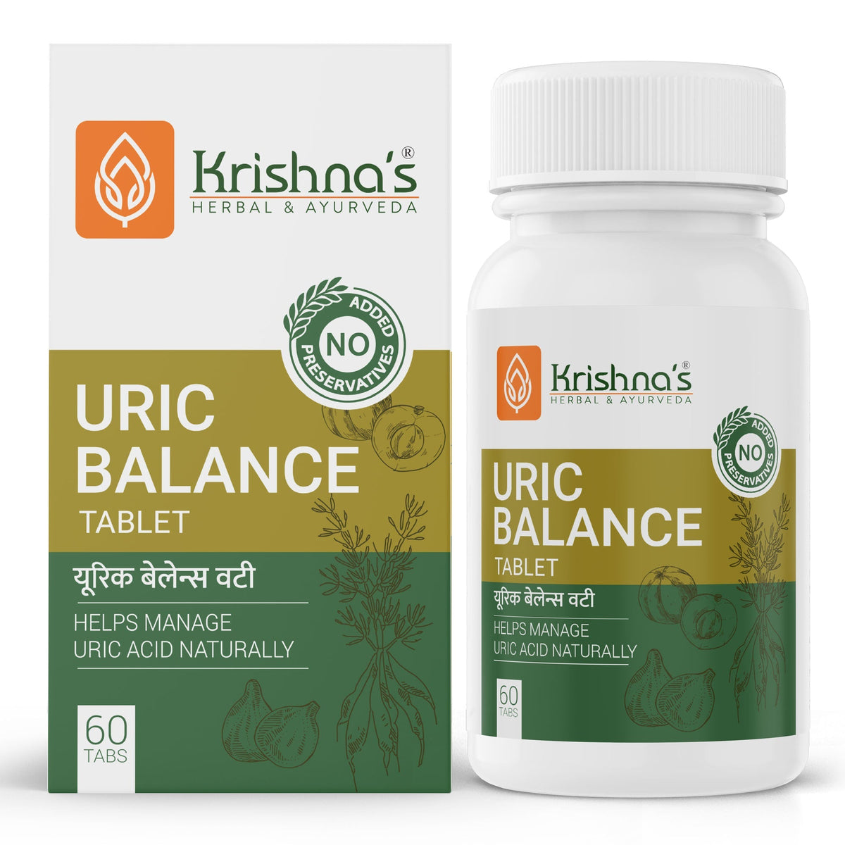 Krishna's Herbal & Ayurveda Uric Balance Tablets, Ayurvedic supplement with herbal ingredients for joint health and uric acid support.