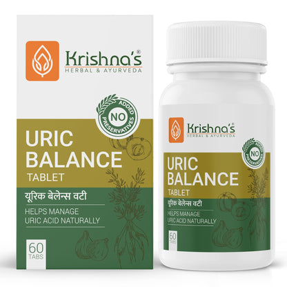 Krishna's Herbal & Ayurveda Uric Balance Tablets, Ayurvedic supplement with herbal ingredients for joint health and uric acid support.