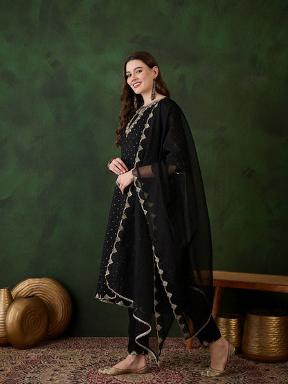 Dhiyona SN Women's Floral Printed Embroidered Sequinned Keyhole Neck Kurta With Trouser And Dupatta