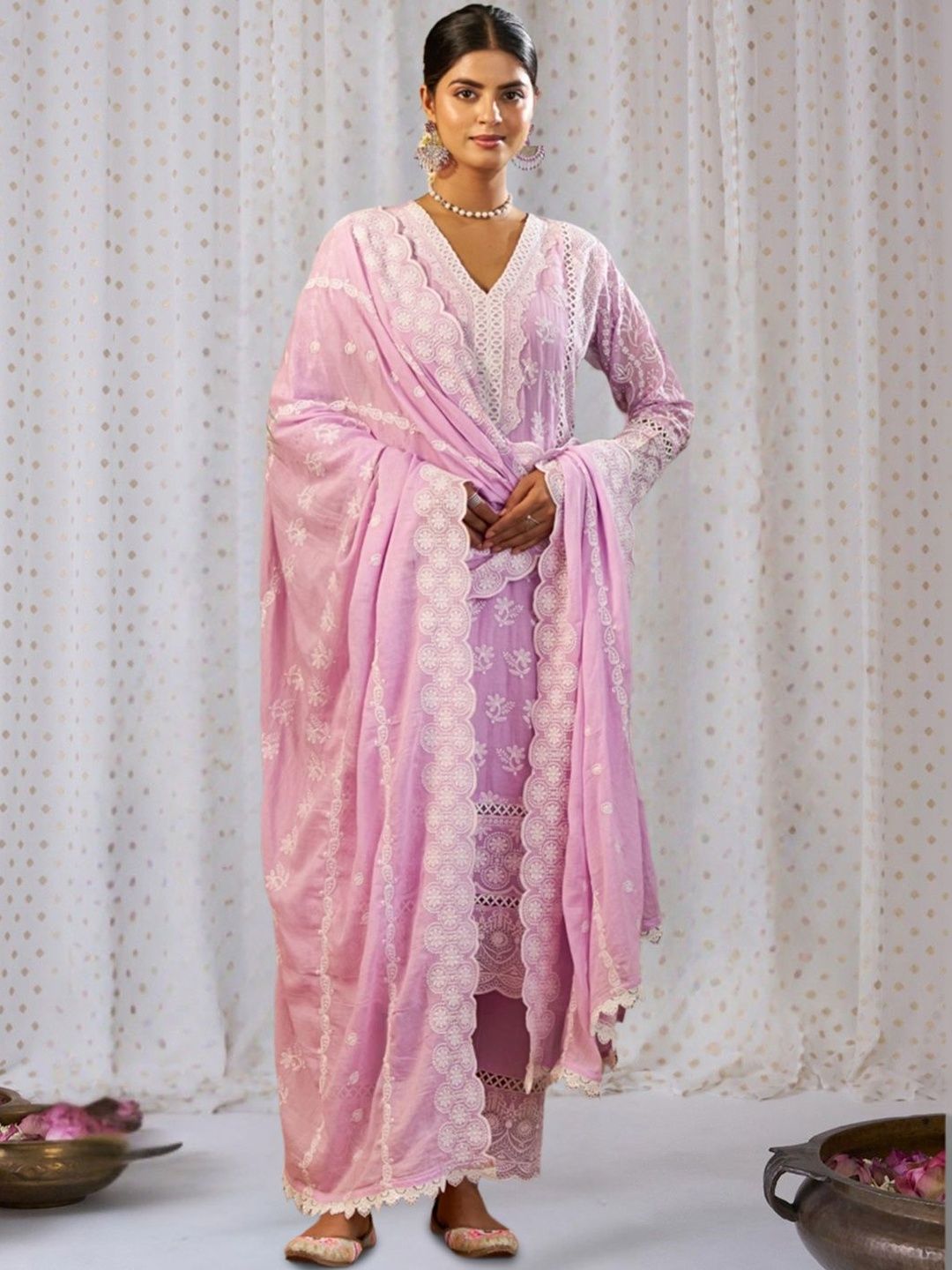 Women Ethnic Motifs Embroidered Regular Chikankari Pure Cotton Kurta with Trousers & With Dupatta