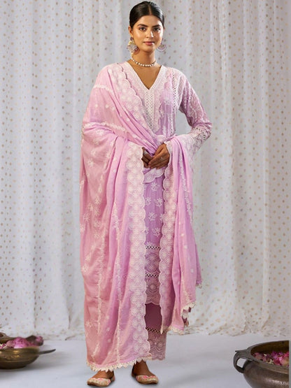Women Ethnic Motifs Embroidered Regular Chikankari Pure Cotton Kurta with Trousers & With Dupatta