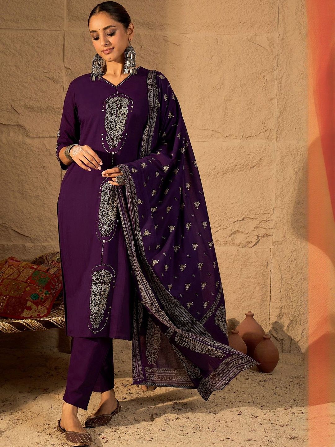 Floral Embroidered Mirror Work Pure Cotton Kurta With Trousers & Dupatta