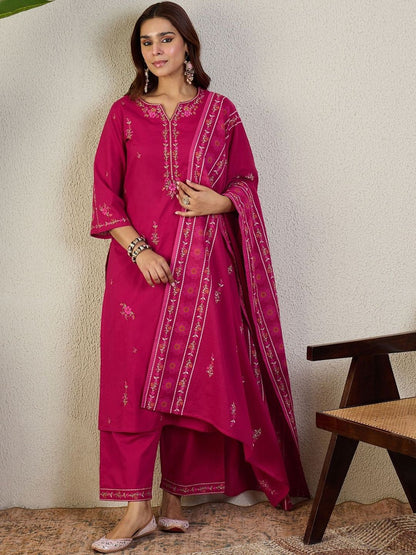 Embroidered Notch Neck Thread Work Pure Cotton Kurta With Trousers & Dupatta