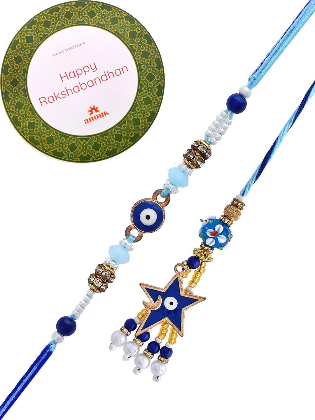 Anouk Beaded Evil Eye Bhaiya Bhabhi Rakhi With Roli Chawal & Greeting Card