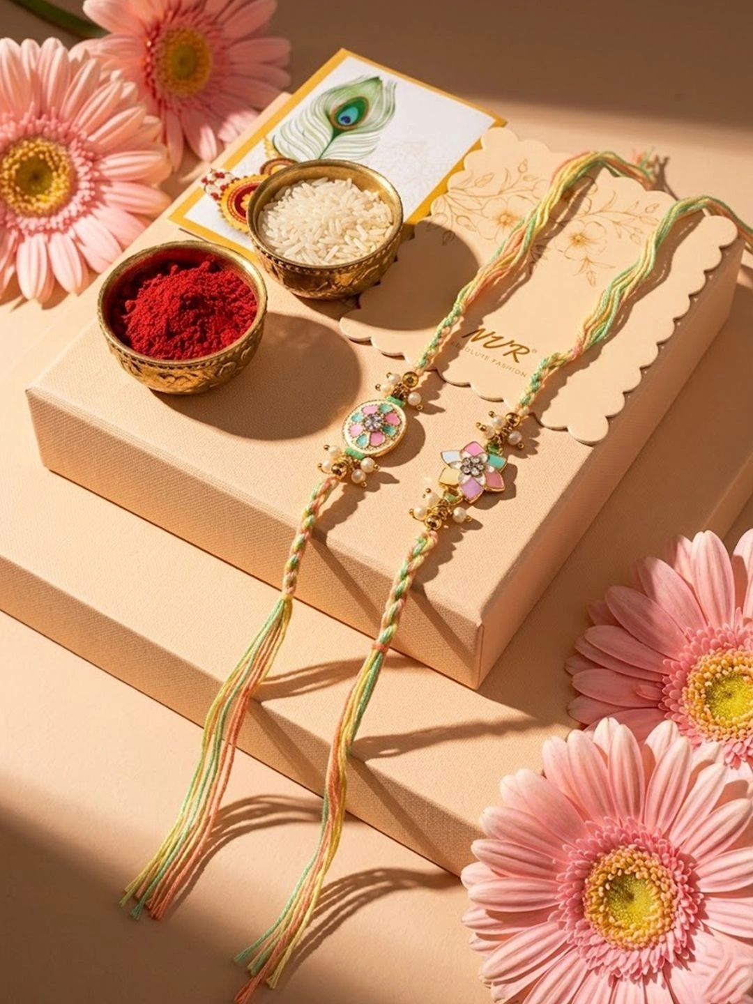 Anouk Set Of 2 Meenakari Floral Thread Rakhi With Roli Chawal Chandan Mishri