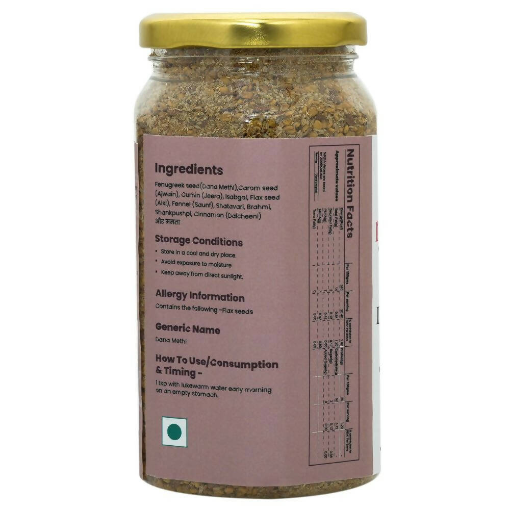 Nuskha Dana Methi Herbmix health drink in a glass, showing fresh herbs and ingredients for natural wellness.