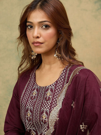 Indyancart VA Women'sYoke or Border Embroidered Zari Straight Kurta With Trousers & Dupatta