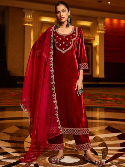 Dhiyona IE Floral Yoke Design Sequinned Velvet Straight Kurta With Trousers & Dupatta
