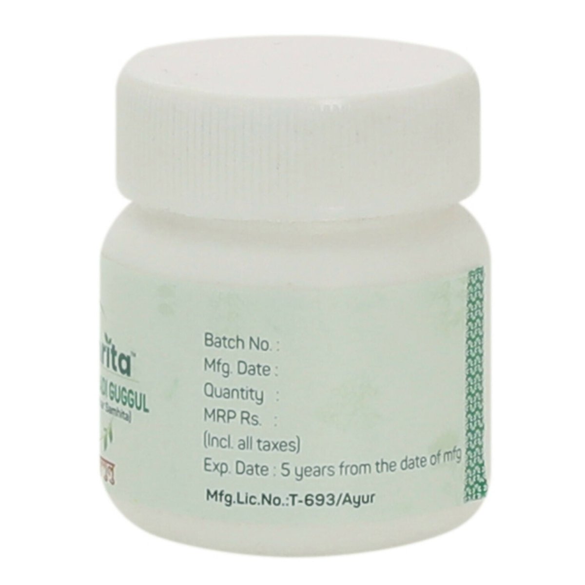 Amrita Panchamrita Loha Guggul Ayurvedic tablets in a bottle with tablets visible inside, natural herbal supplement for health.