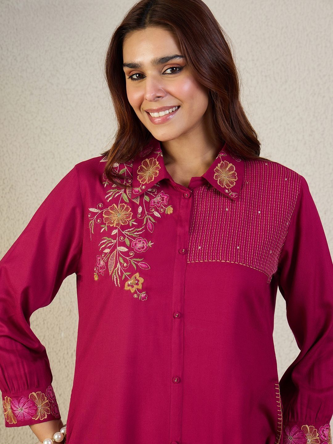Floral Embroidered Shirt Collar Thread Work Pure Cotton Kurta With Trousers