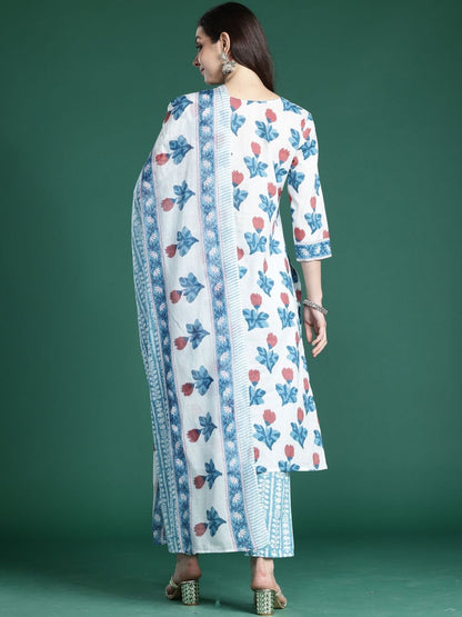 Women Floral Printed Regular Thread Work Pure Cotton Kurta with Trousers & With Dupatta