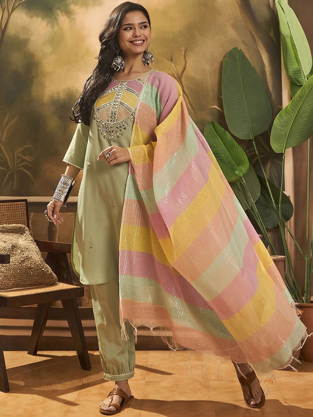 Indyancart SN Women's Floral Embroidered Straight Kurta With Trouser & Dupatta