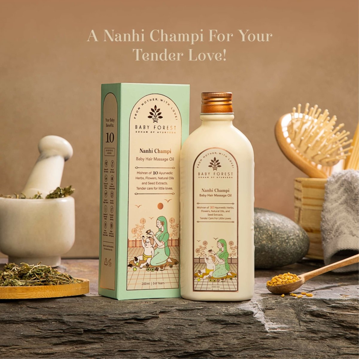 Baby Forest Nanhi Champi baby hair oil bottle with a child-friendly packaging and soft hair on a white background.