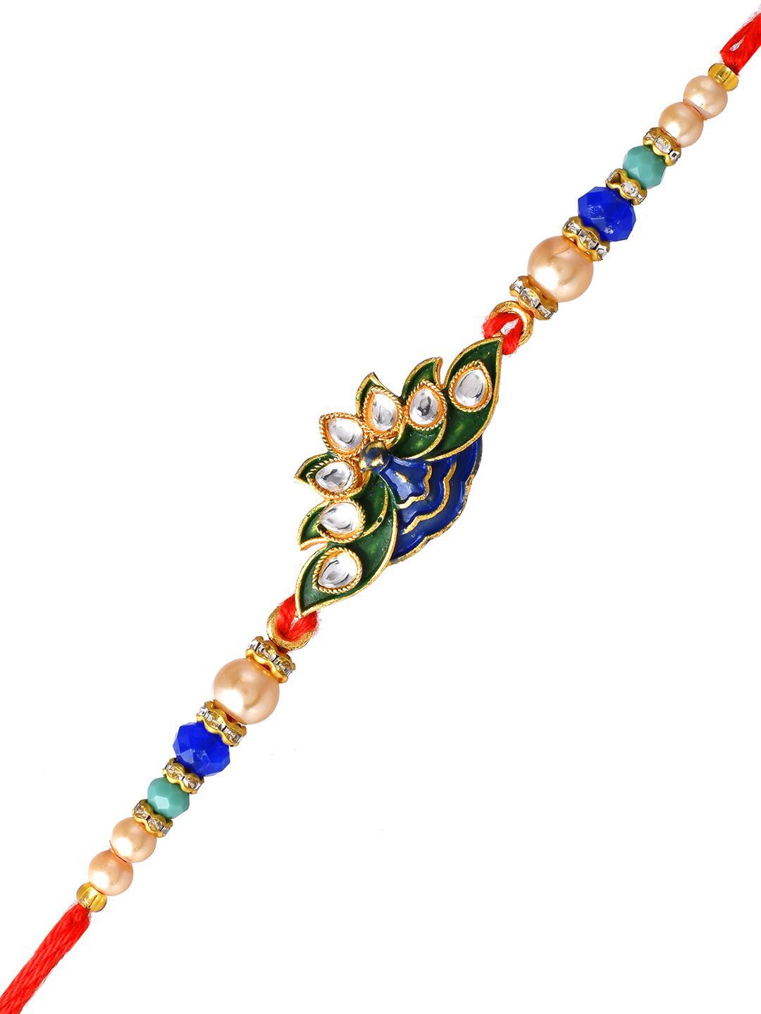 Anouk Blue Peacock Enamled Beaded Rakhi With Roli Chawal & Greeting Card