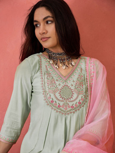 Indyancart SN Women's Floral Yoke Design V-Neck Pleated Sequinned A-Line Kurta With Trousers & Dupatta