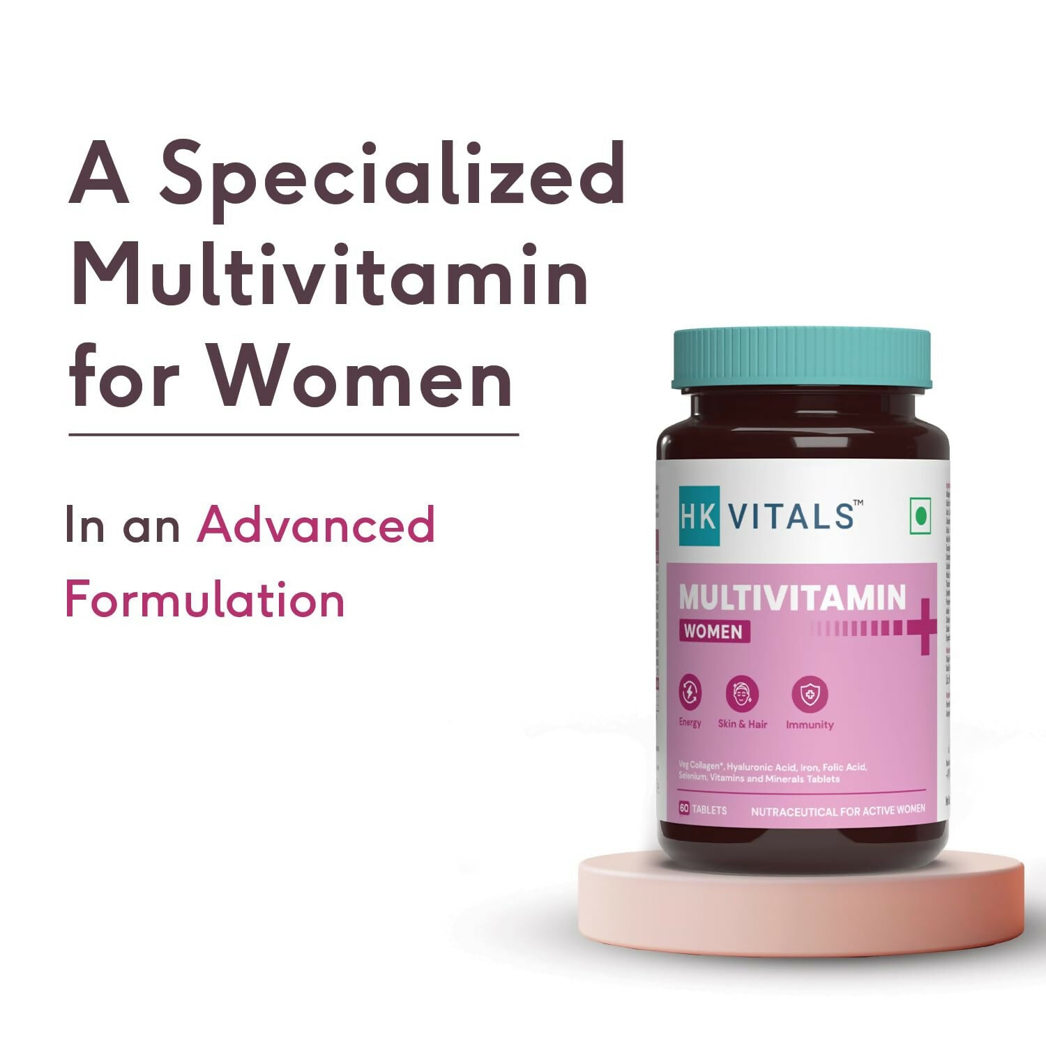 HK Vitals Multivitamin Plus Women Ayurvedic Tablets showing a bottle of supplement tablets for women's health.