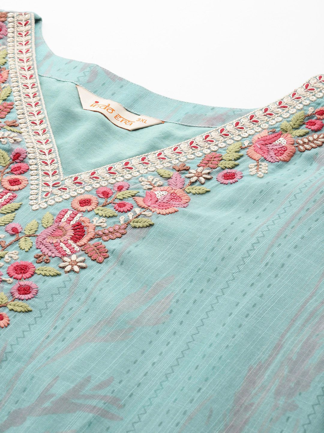 Indyancart Women's Plus Size Floral Print Regular Thread Work Kurta with Palazzos & Dupatta