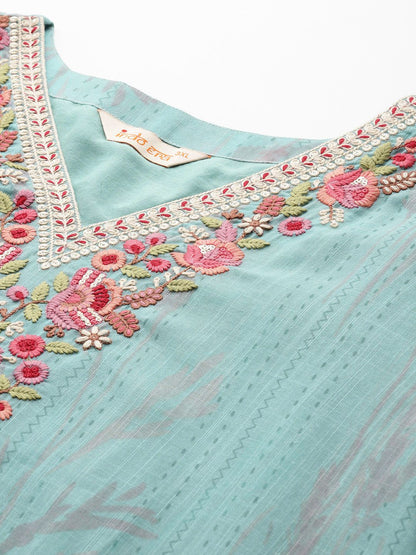 Indyancart Women's Plus Size Floral Print Regular Thread Work Kurta with Palazzos & Dupatta