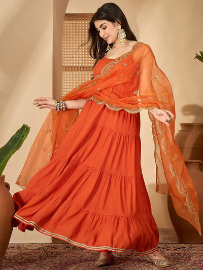 Indyancart SN Women's Shoulder Straps Floor Length Kurta with Trousers & Embroidered Dupatta Set