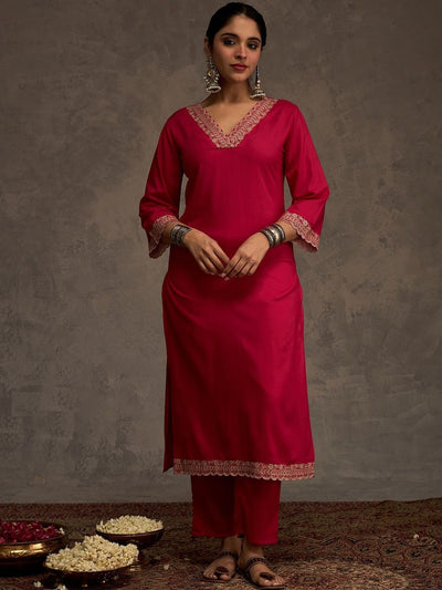 Indyancart IE Embroidered Viscose Rayon Straight Thread Work Kurta With Trousers