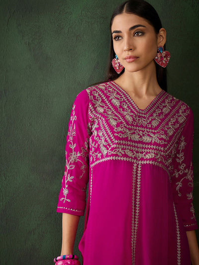 Indyancart SN Women's Alina Cut Floral Yoke Design High Slit Zari Fusion Kurta With Trousers