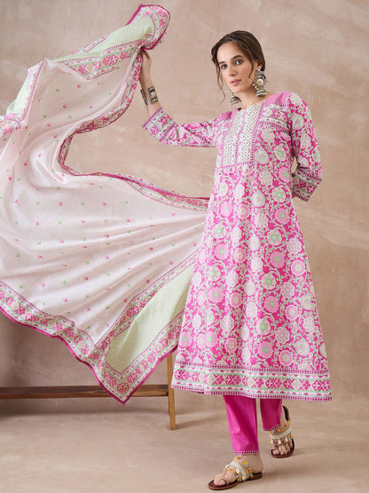 Women Floral Printed Regular Thread Work Pure Cotton Kurta with Trousers & With Dupatta