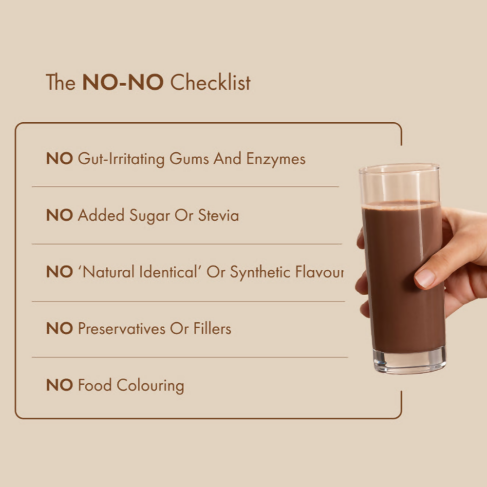 Cosmix No Nonsense Plant Protein Cocoa Beet health drink in a glass with cocoa powder and beets, highlighting natural ingredients.